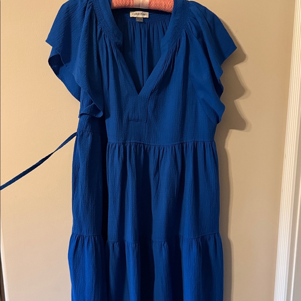 Calvin Klein Royal Blue Tiered V-Neck Midi Dress